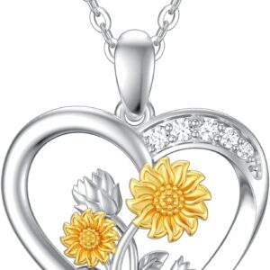9 Carat/375 Real Gold Heart Necklace with Natural Diamonds for Women, 9 Carat White/Yellow Gold Sunflower Heart Pendant | Du bist mein Sonnenschein, Anniversary Birthday Gifts for Wife Girlfriend 40 +