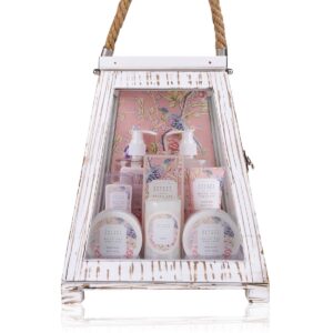 Accentra Secret Garden Gift Set in Large Wooden Lantern, Includes Shower Gel, Bubble Bath, Body Scrub, Body Lotion, Hand Cream, Bath Salt & Candle, Wellness Care Set for Women Fragrance White Tea & Apricot