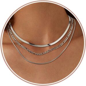 Adramata Women’s Stainless Steel Snake Chain Figaro Stackable Necklace Set Gold/Silver 3 Pieces