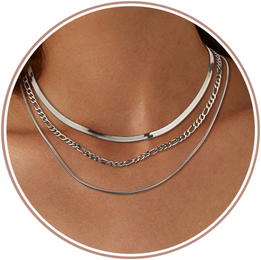 Adramata Women's Stainless Steel Snake Chain Figaro Stackable Necklace Set Gold/Silver 3 Pieces
