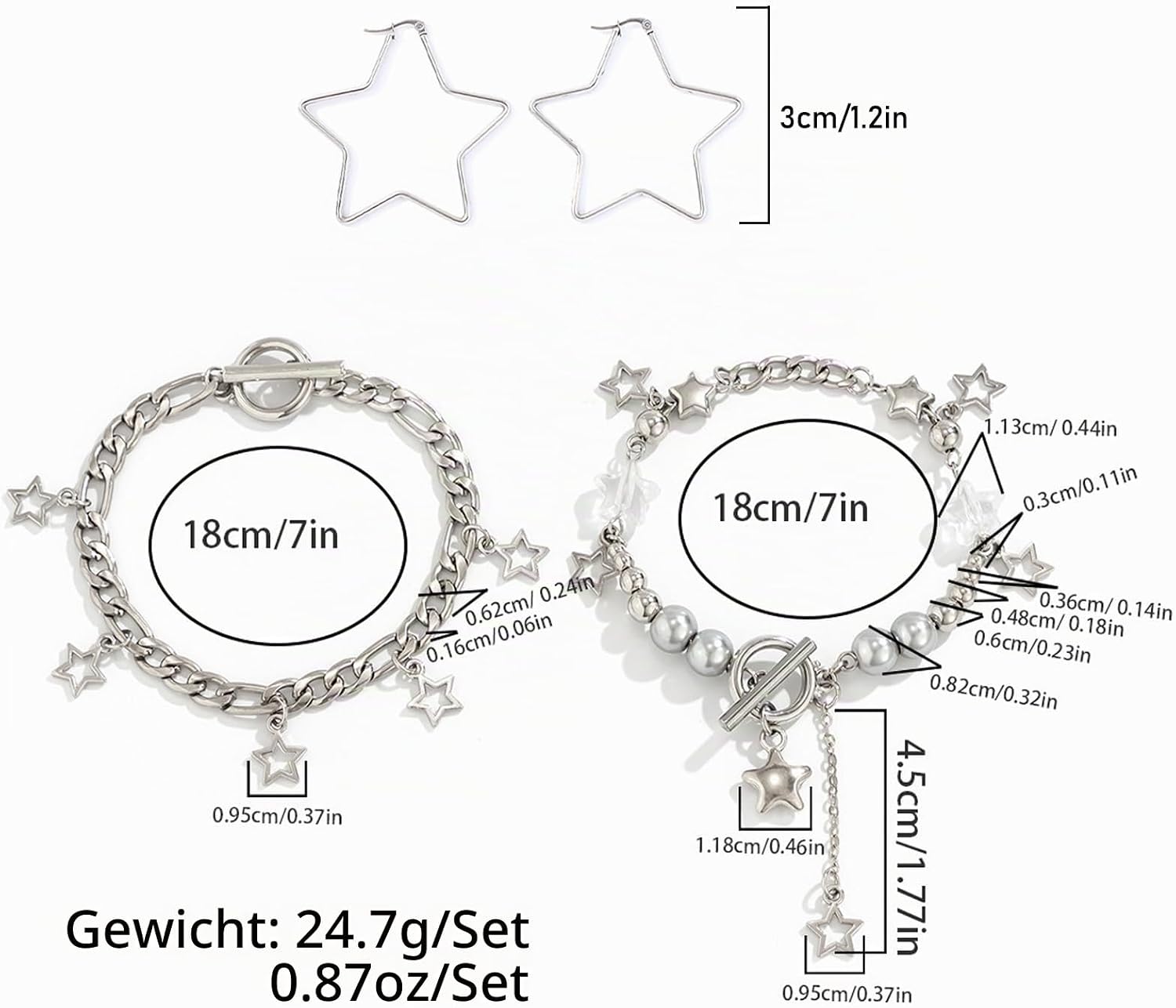 5 Pieces Silver Star Necklace, Women's Stud Earrings Necklace, Y2K Jewellery Set, Kawaii Cute Necklaces, Aesthetic Vintage Emo Jewellery – Bild 3