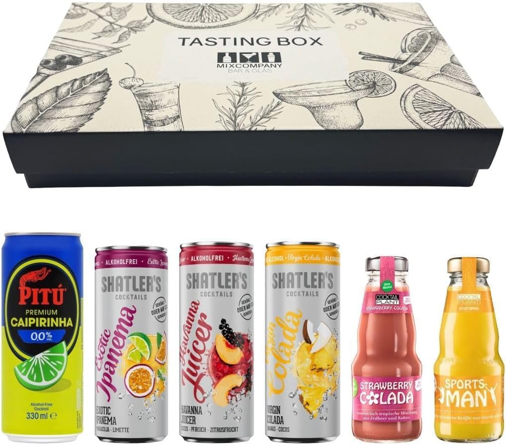 Tasting Box - Alcohol-free Cocktails | Set of 6 Ready-to-Drink | Shatler's, PITÚ, Cocktail Plant | Includes Deposit | Reusable | Gift Box