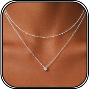Women’s 925/14 K Silver Chain, Layerd, Multi-Row Silver Chain, 925/14 K with Cubic Zirconia Pendant, Waterproof Necklace, Boho Fashion Jewellery, Gift for Women, Girls, 38/45 cm