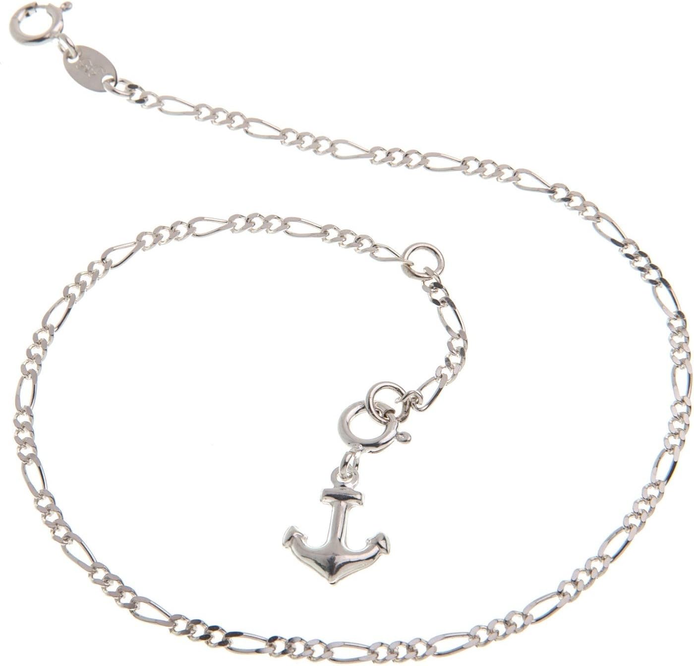 Anklet Silver (Figaro Chain) with Anchor Pendant – Width 2.2 mm – Length Selectable 23 cm – 30 cm – Genuine 925 Silver