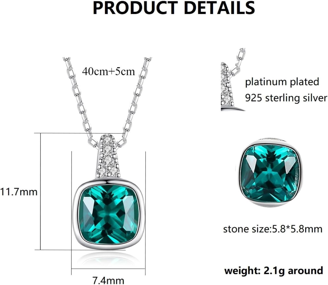 Women's 925 Sterling Silver Birthstone Pendant Solitaire Necklace Emerald Gift for Women Christmas Valentine's Day Mother's Day, Silver, Emerald Cubic Zirconia – Bild 2