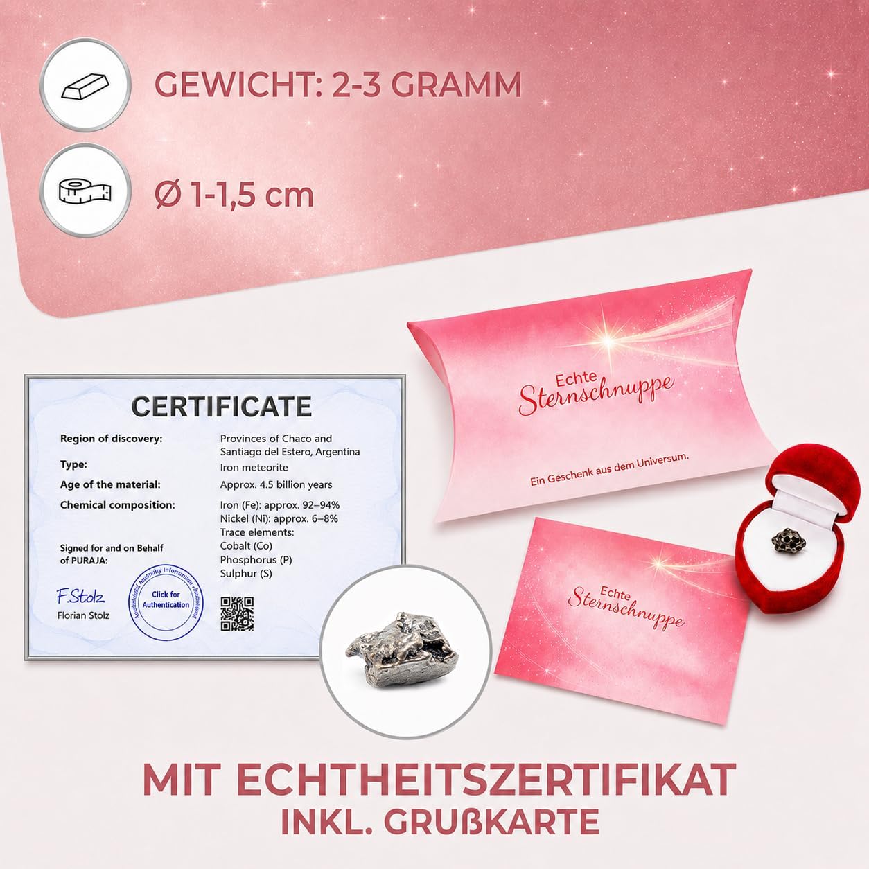 PURAJA Shooting Star in Heart Box, Real Shooting Star with Certificate, Special Gift for Birthday, Wedding, Anniversary, Meteorite as a Lucky Charm – Bild 6