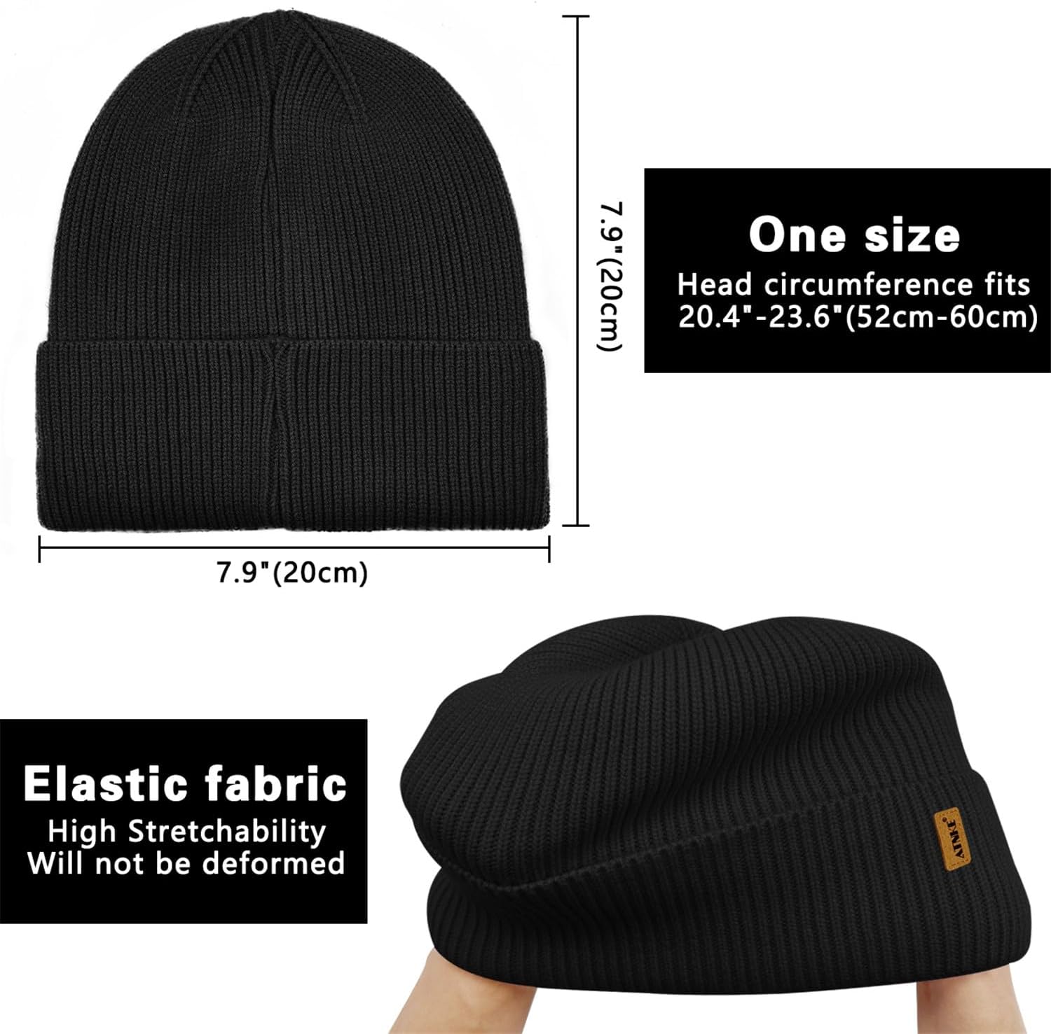 ATNKE Unisex Knitted Beanie Hat, Stretchy Thick Warm Fleece Lined Everyday Winter Soft with Cuffs Wooly Skull Hat Gifts for Men Dads and Women – Bild 4
