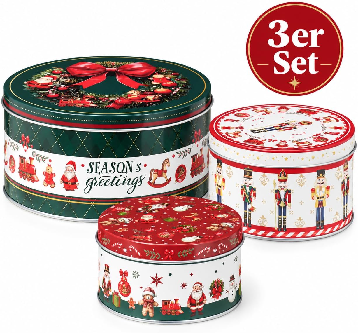 Annastore Christmas Tins Metal Set of 3 - Round Biscuit Tins with Nostalgic Motifs Diameter 19.5 cm Stackable Storage Tins for Cookies & Pastries - Decorative Biscuit Boxes for Christmas – Bild 2
