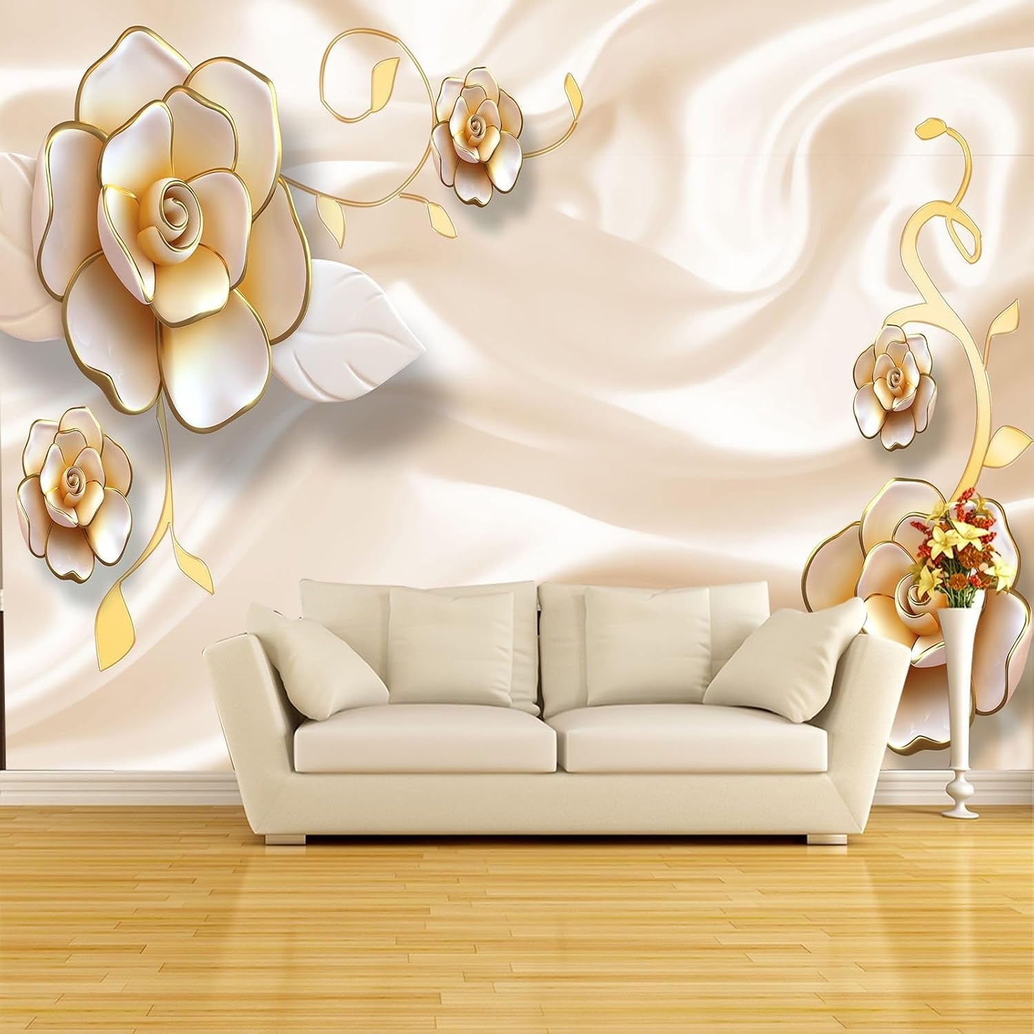 Non-Woven Photo Wallpaper Wall Pictures 3D Gold Decoration Rose Wallpaper 1520 (200 (W) x 140 (H) cm) – Bild 4