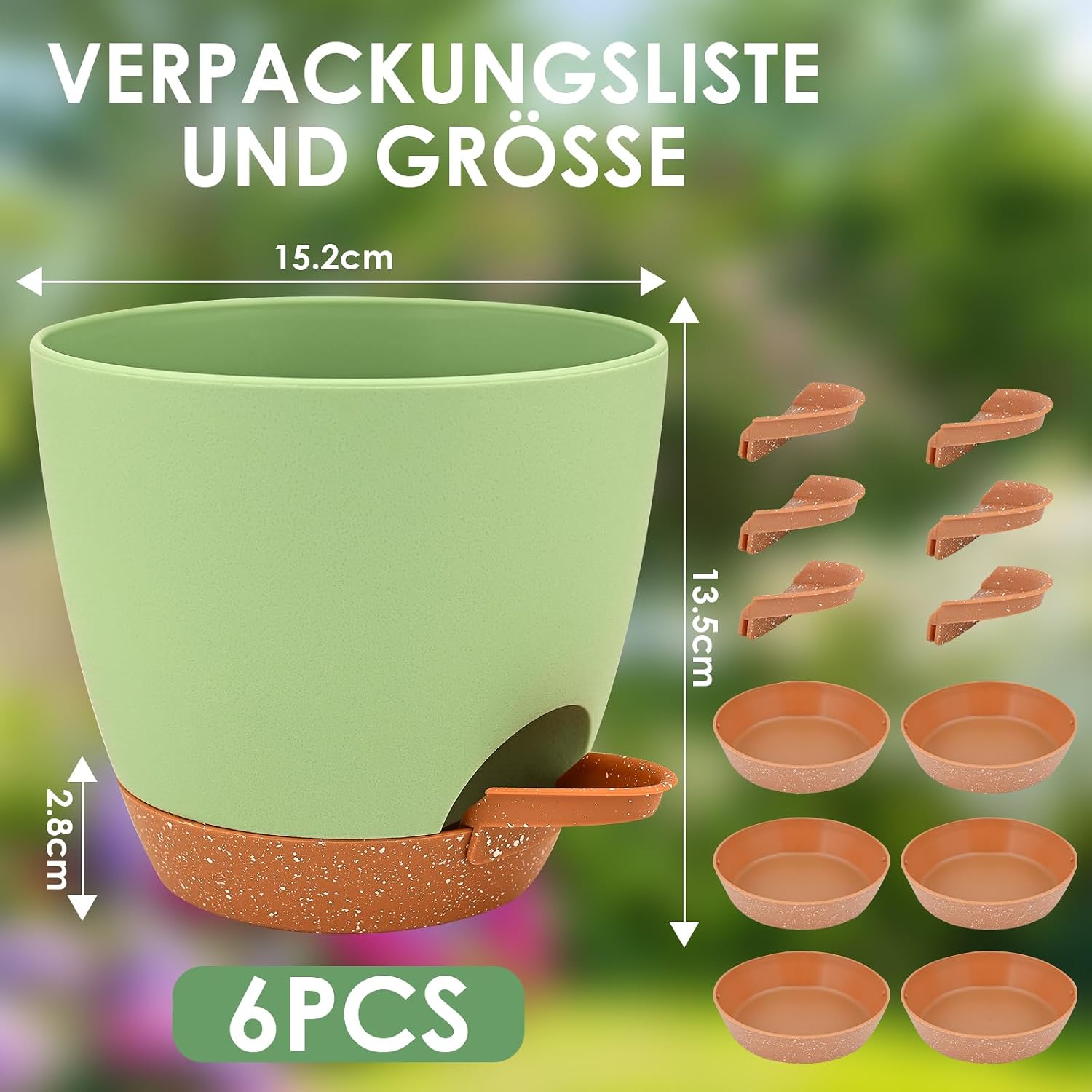 6 Packs Flower Pot, Plant Pot, Self-Watering 15.2 cm, with Brown Saucer, Watering Opening, Cotton Cord, Suitable for Indoor and Outdoor Gardens – Bild 4