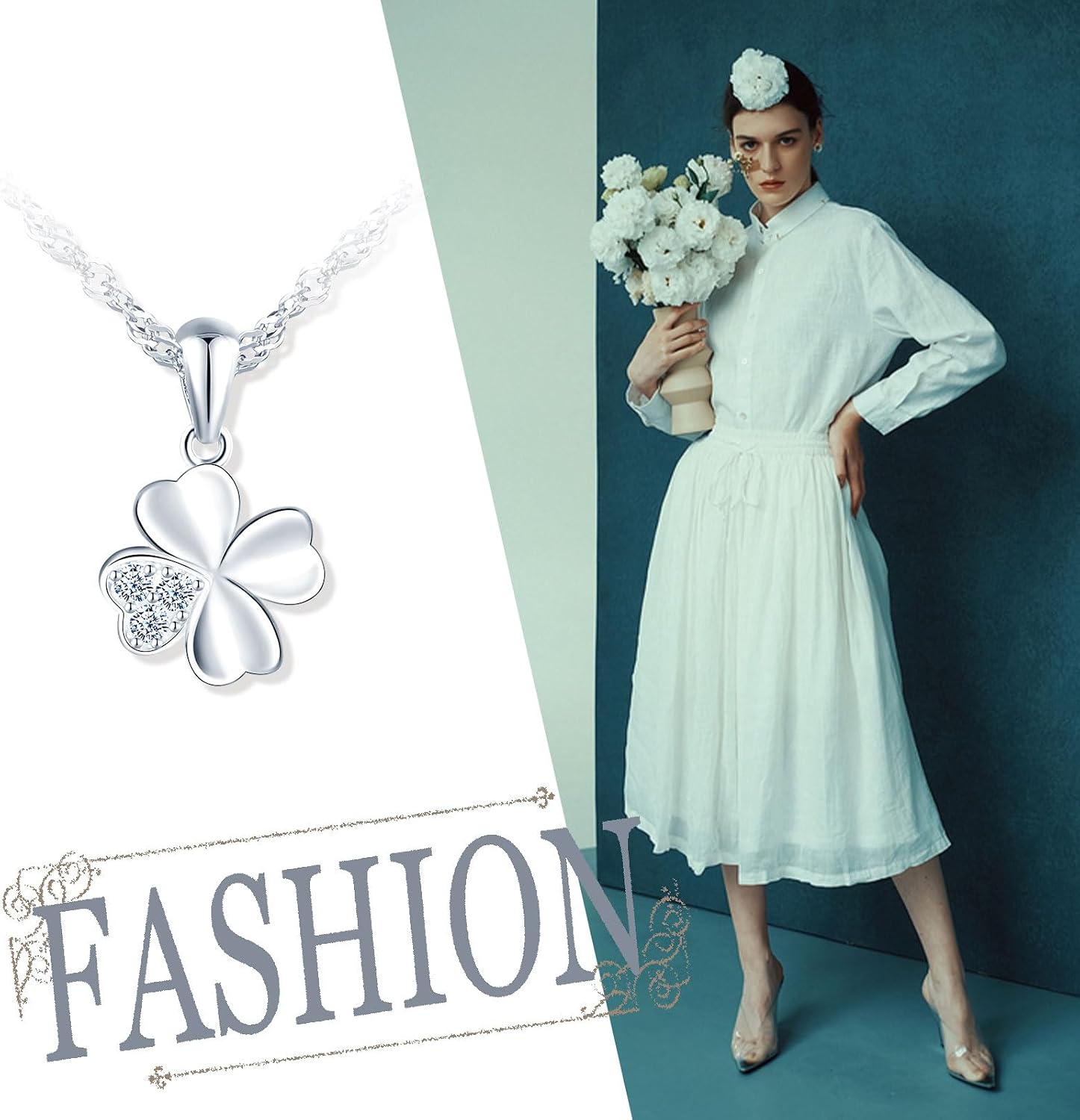 Women's Necklace with Clover Leaf Cubic Zirconia Four Leaf Lucky Charm Pendant Made of 925 Sterling Silver Necklace for Women Girls – Bild 5