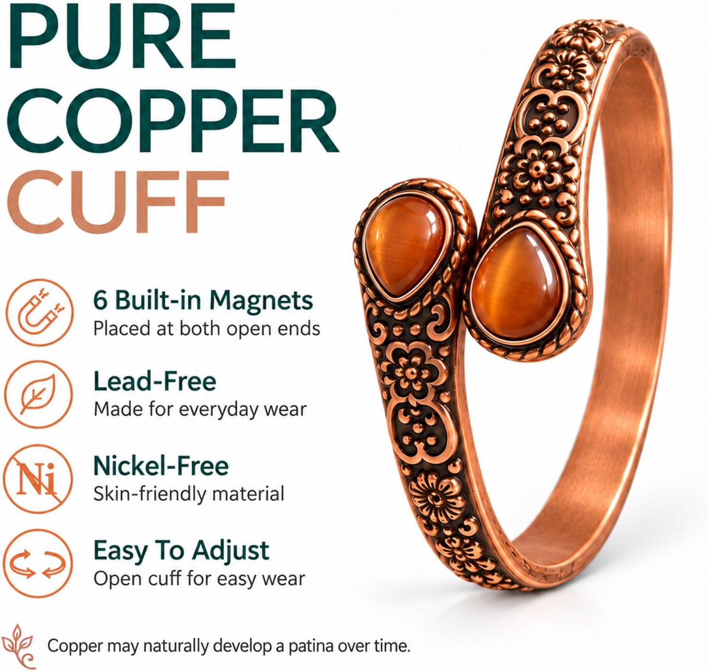 JEROOT Women's Pure Copper Magnetic Bracelet with 6 Powerful Magnets Vintage Flower Copper Bracelet with 2 Cat's Eye – Bild 2