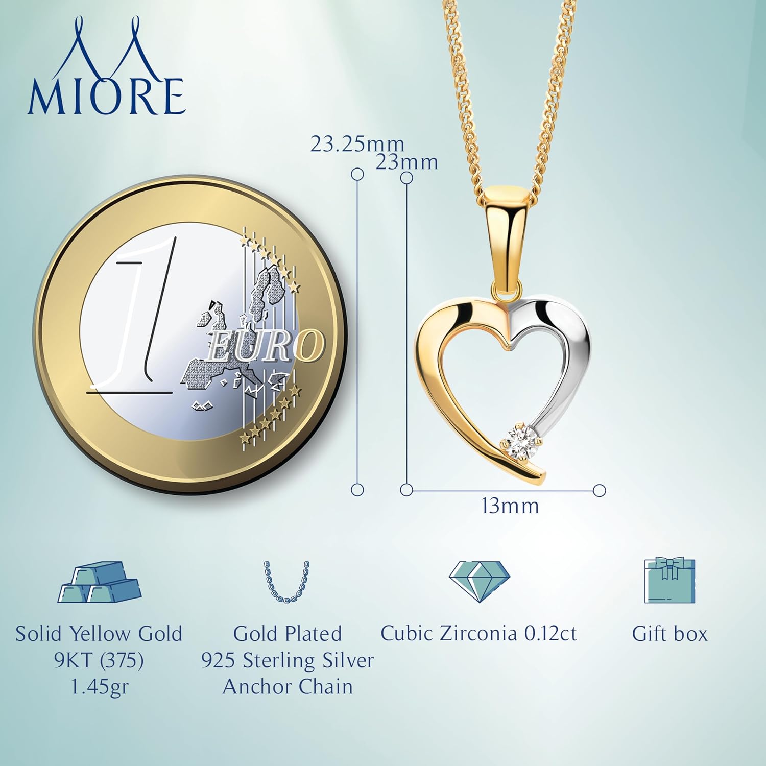 MIORE 9ct Bicolour Yellow Gold / White Gold Heart Pendant (375) - Pendant Gold/with Gold Chain/Silver Chain, Gold Jewellery Women – Bild 2