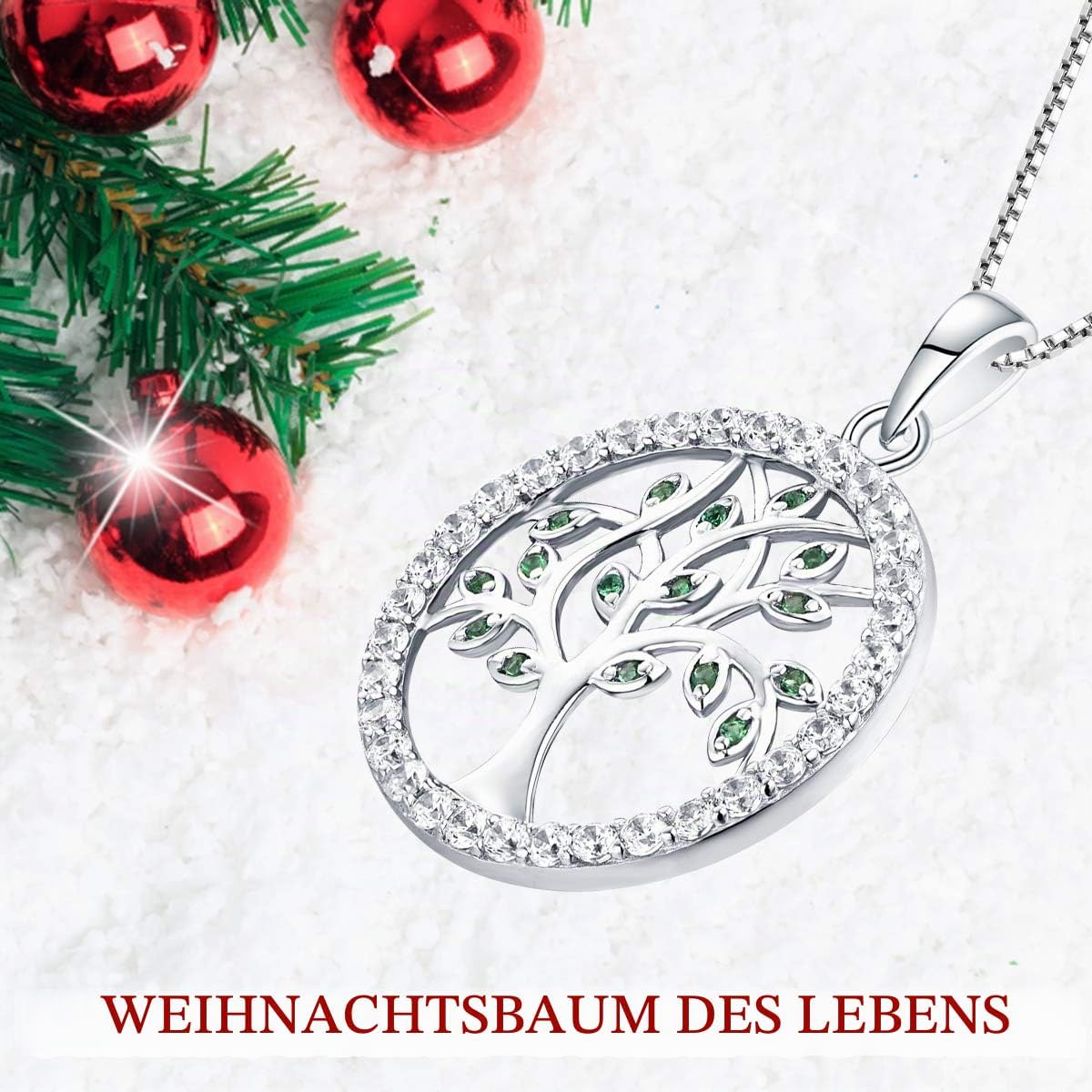 YL Women's Tree of Life Pendant with Chain, 925 Sterling Silver, Simulated Emerald/Cubic Zirconia Necklace for Women/Girls/Mother, Chain Length: 45 - 48 cm – Bild 6