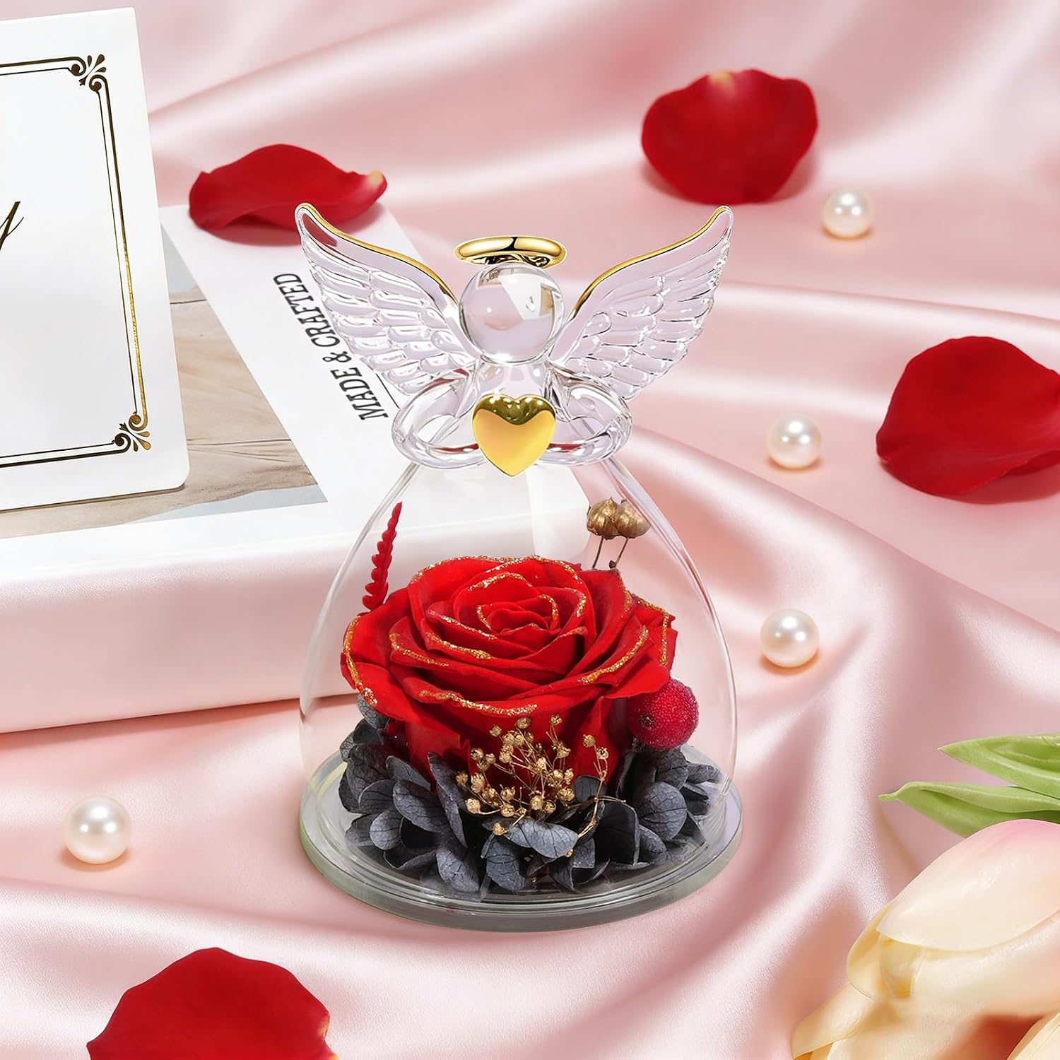 Yamonic Eternal Rose Angel Gifts for Women, Eternal Rose in Glass Gifts for Mum, Angel Figure, Birthday Gifts for Women, Grandma Gift, Real Rose Guardian Angel, Christmas, Mother's Day Gift – Bild 5