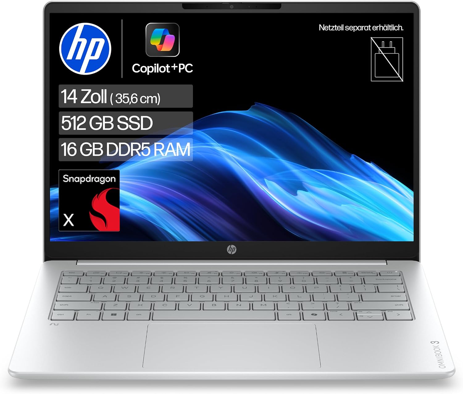 HP OmniBook 3 Laptop, 14 Inch WUXGA, Snapdragon X, 16GB RAM, 512GB SSD