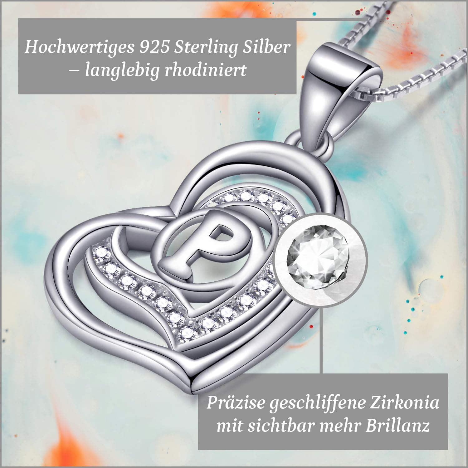 Morella® Ladies’ Necklace Heart with a letter, 925 Sterling, Rhodium-Plated Silver, with Zirconia stone, White, 46 cm – Bild 2