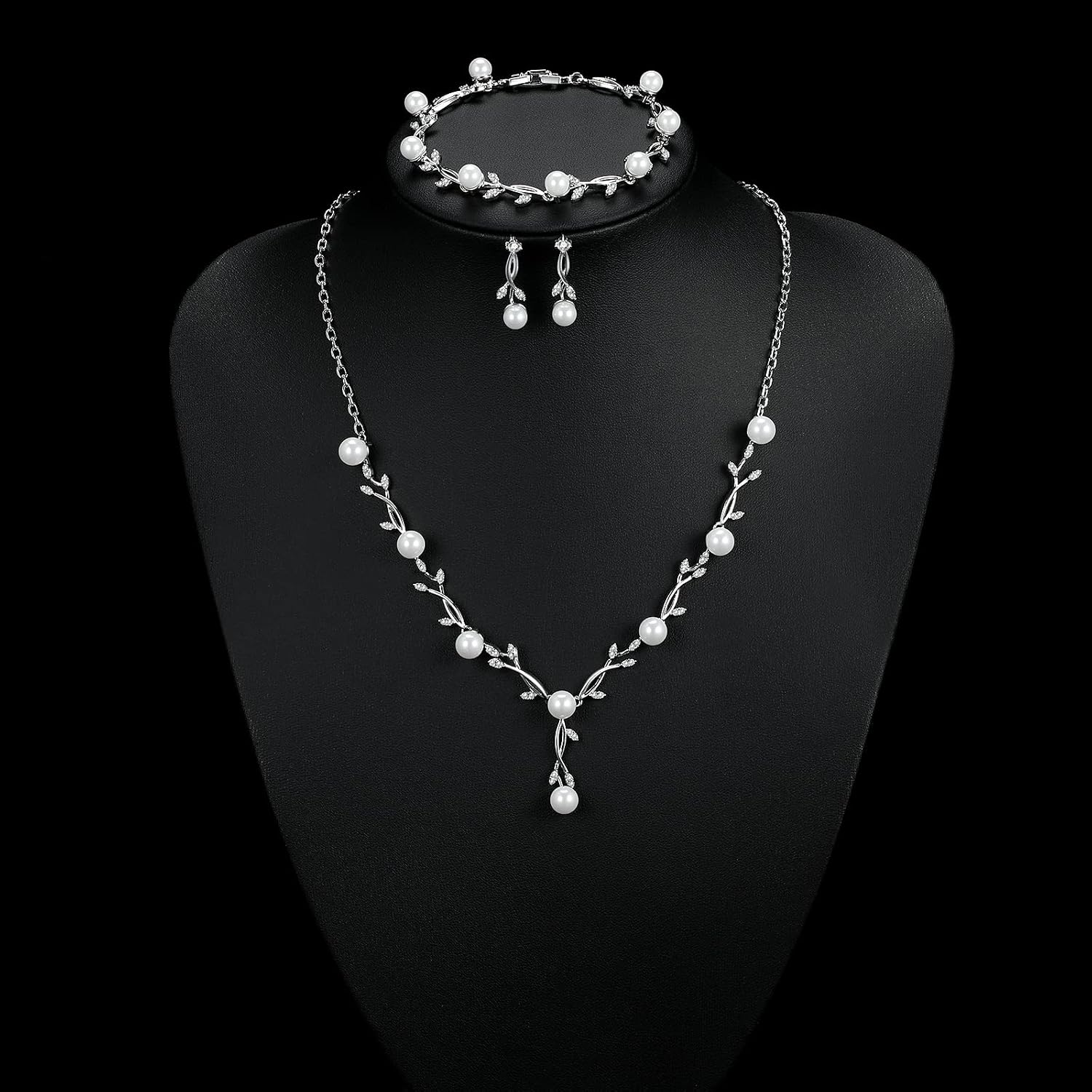 Wedding 925 Jewellery Set Silver Women's Necklace Bracelet Earrings in the Shape of a Leaf with Pearls and Zirconia, Wedding Anniversary Gifts for Bride Women – Bild 4