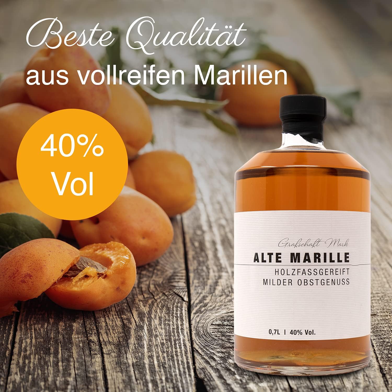 Grafschaft Mark Alte Marille Apricot Schnapps, 1 x 0.7 L, 40% Vol. Alcohol, Mild Fruit Brandy, Matured in Wooden Barrels, with Full Fruity Aroma of Apricots, High-Quality Fruit Pulp – Bild 2
