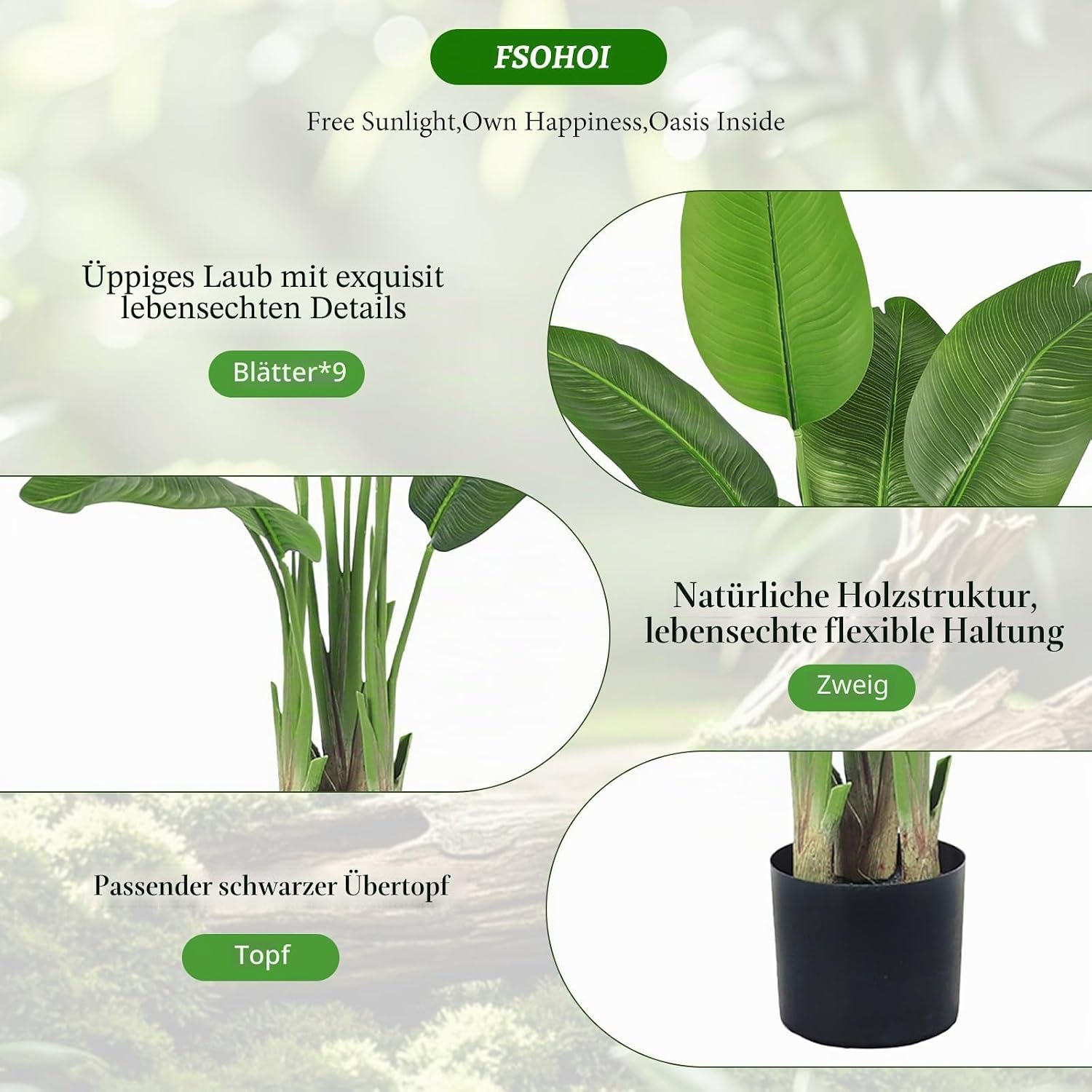 Artificial Bird of Paradise Plant, Faux Banana Leaf Tree for Home Decor, Artificial Plants, Large Indoor Floor Plant with 9 Stems (1, Black Planter, 120 cm) – Bild 7