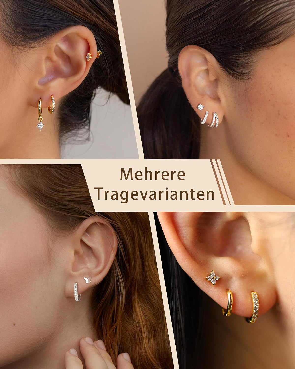 3 Paare Creolen Silber Set 14K Vergoldete Ohrringe für Damen – Bild 4