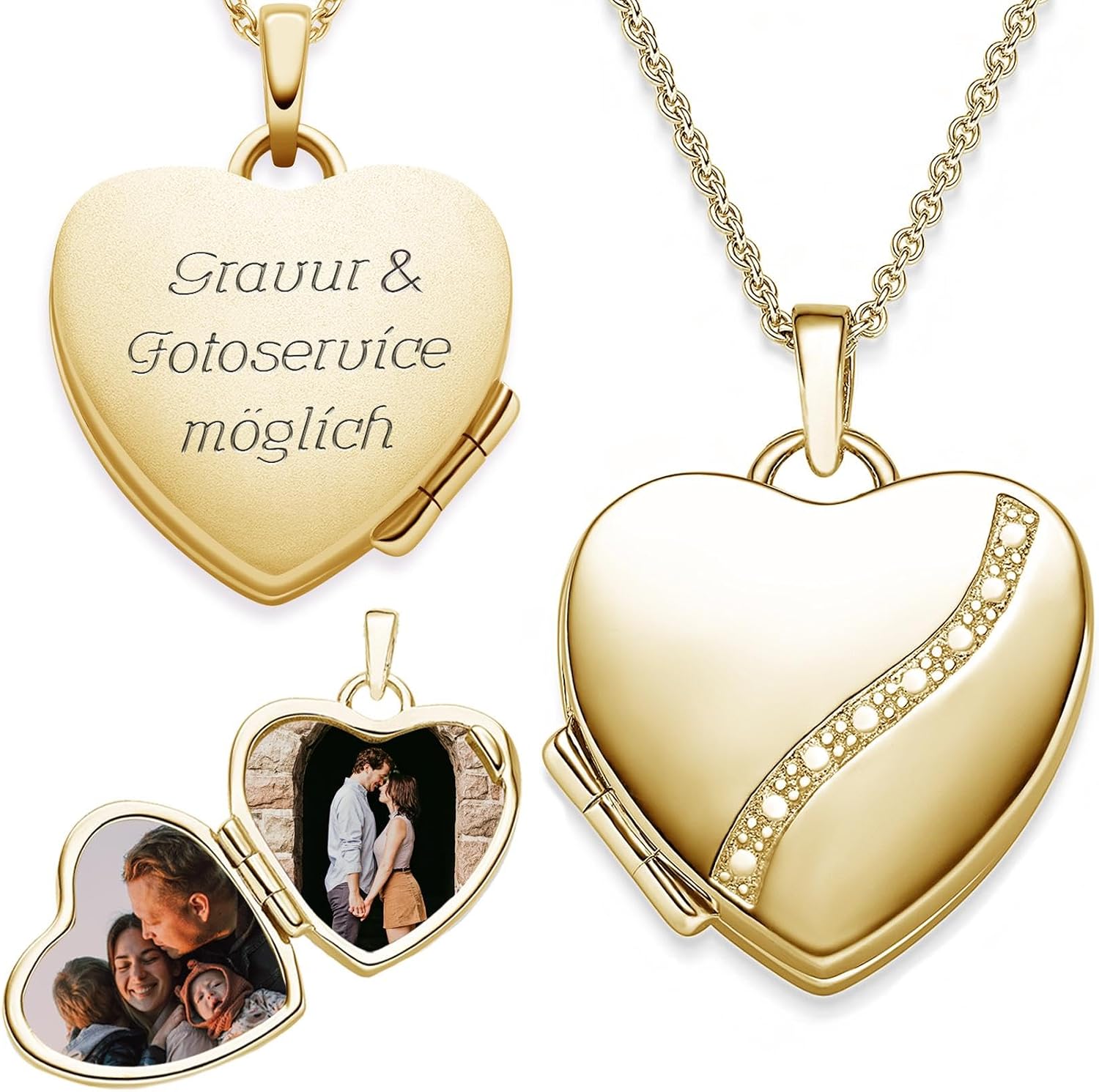 Amoonic Women's Heart Locket Treasure Gold Plated to Open, Chain 45-50 cm, Photo Upload Service and Engraving, A Memory from the Heart
