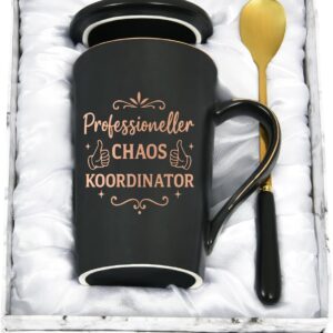Chef Gifts Coffee Mug, Professional Chaos Coordinator, Christmas Gifts for Men, Colleagues, Office, Colleague, 400 ml Ceramic Marble Mug with Lid, Spoon and Gift Box