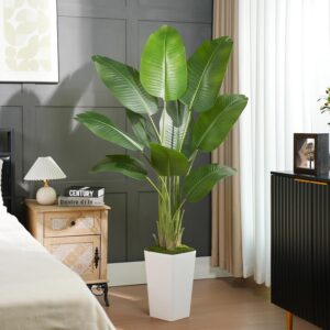 6ft Artificial Bird of Paradise Plants with White Planter, Tall Tropical Palm Tree with 10 Banana Leaves, Artificial Silk Plants Indoor for Office Floor Room Decoration