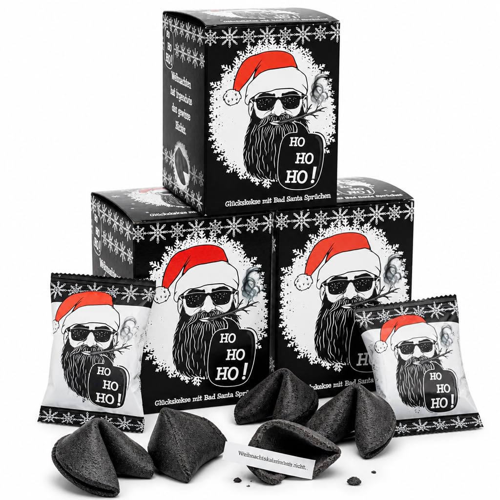 Food crew 36 x Christmas Lucky Biscuits Bad Santa - Black Lucky Cookies with Vanilla & Funny Anti-Christmas Sayings - Advent Calendar Filling & Secret Santa Gift, Vegan