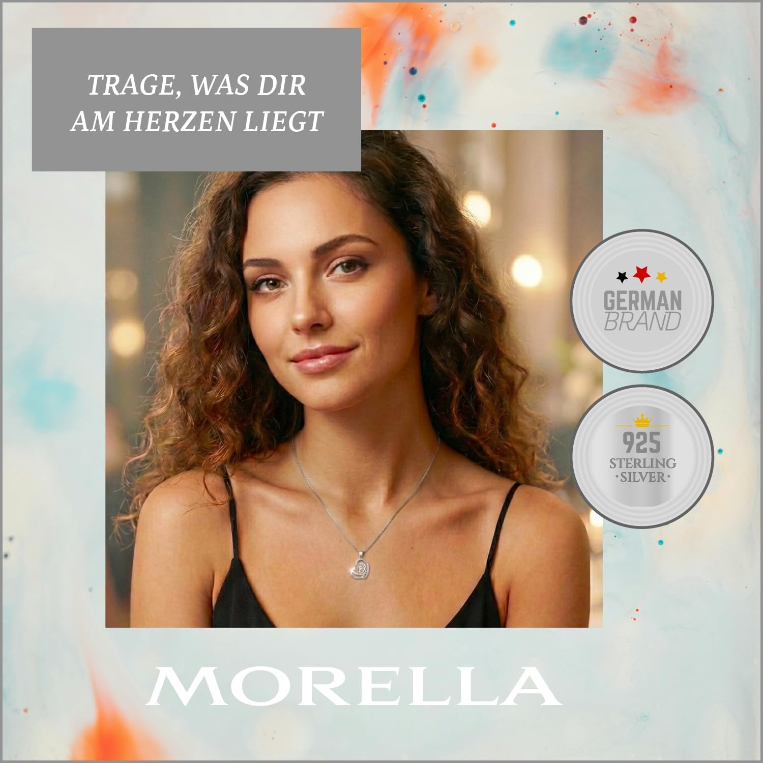 Morella® Ladies’ Necklace Heart with a letter, 925 Sterling, Rhodium-Plated Silver, with Zirconia stone, White, 46 cm – Bild 6