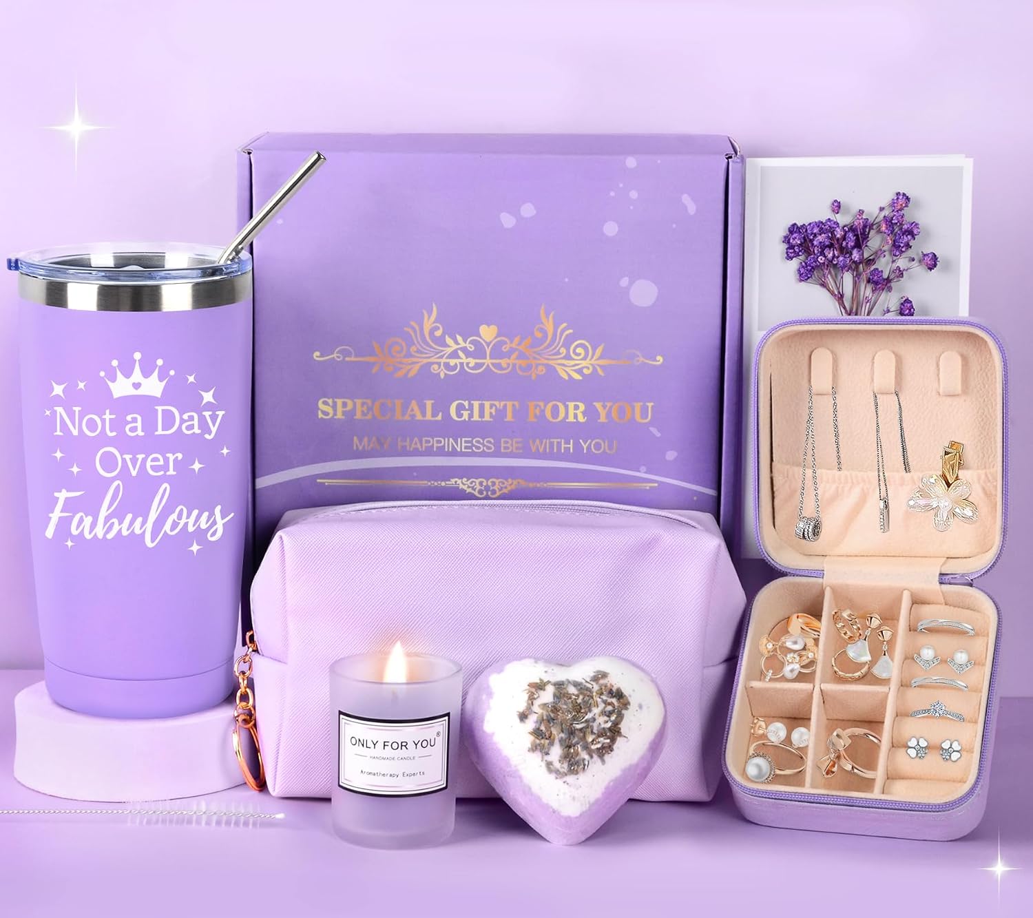 Gifts for Women, Birthday Gift for Women, Girlfriend, Scented Candles, Christmas Gift Set for Girlfriend, Cup Jewellery Box, Small Gift Box for Wife, Mum, Sister, Valentine's Day (Purple)