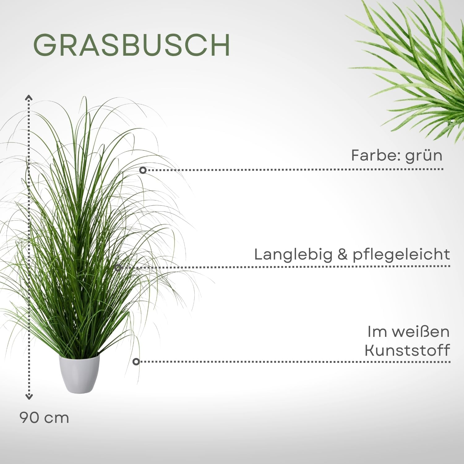 Large Artificial Grass Bush 90 cm in White Plastic Pot I Lifelike Decorative Grass in Pot White I Decorative Grass for Indoor I High-Quality Decorative Plant I Privacy Screen Decorative Artificial Plant – Bild 2