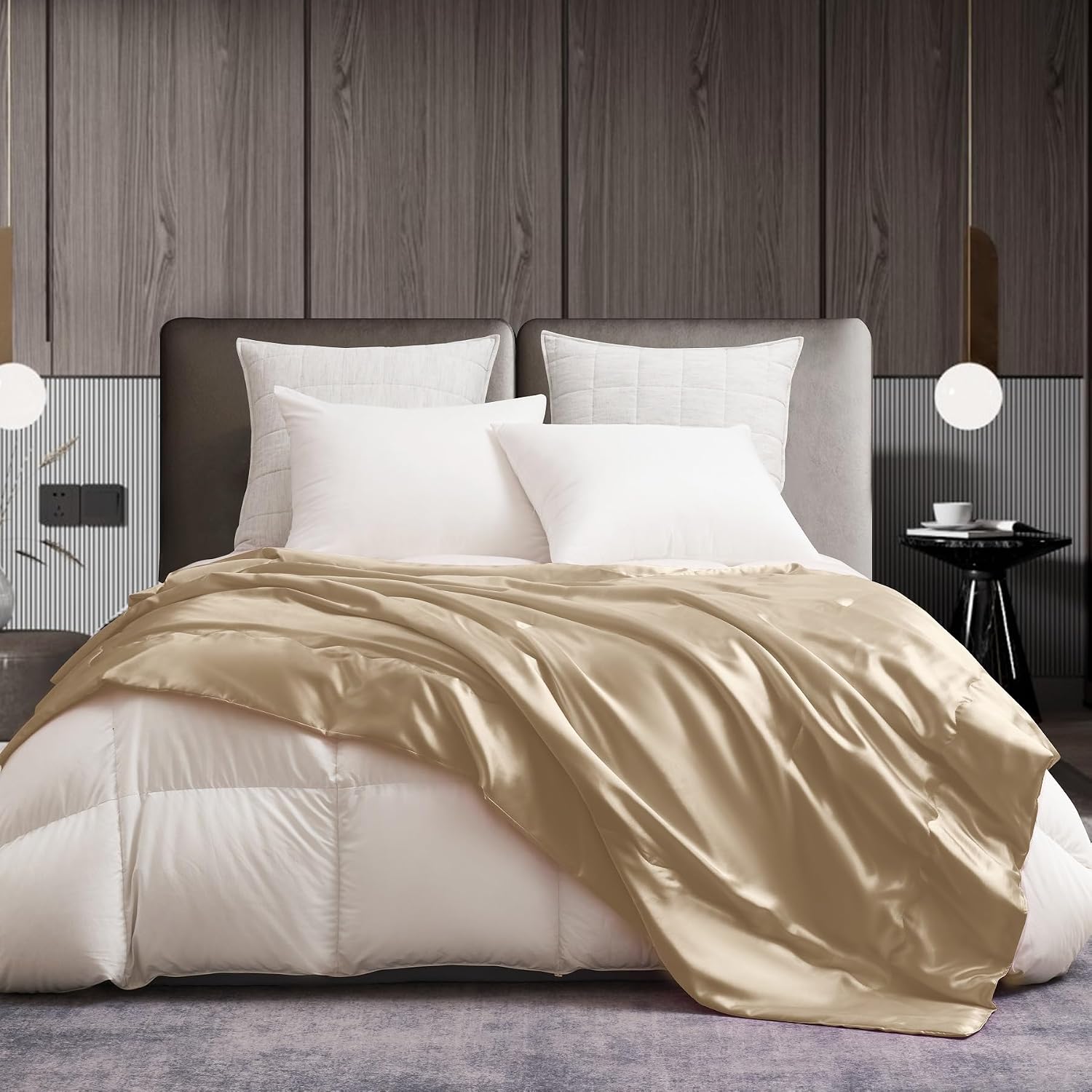 Satin Blanket 220 x 240 cm Beige Sofa Blanket Cooling Silky Silk Summer Blanket Lightweight Soft Luxury Smooth Shiny Satin Bedspread Cuddly Blanket for Bed Sofa Couch Bedroom Office Travel – Bild 3