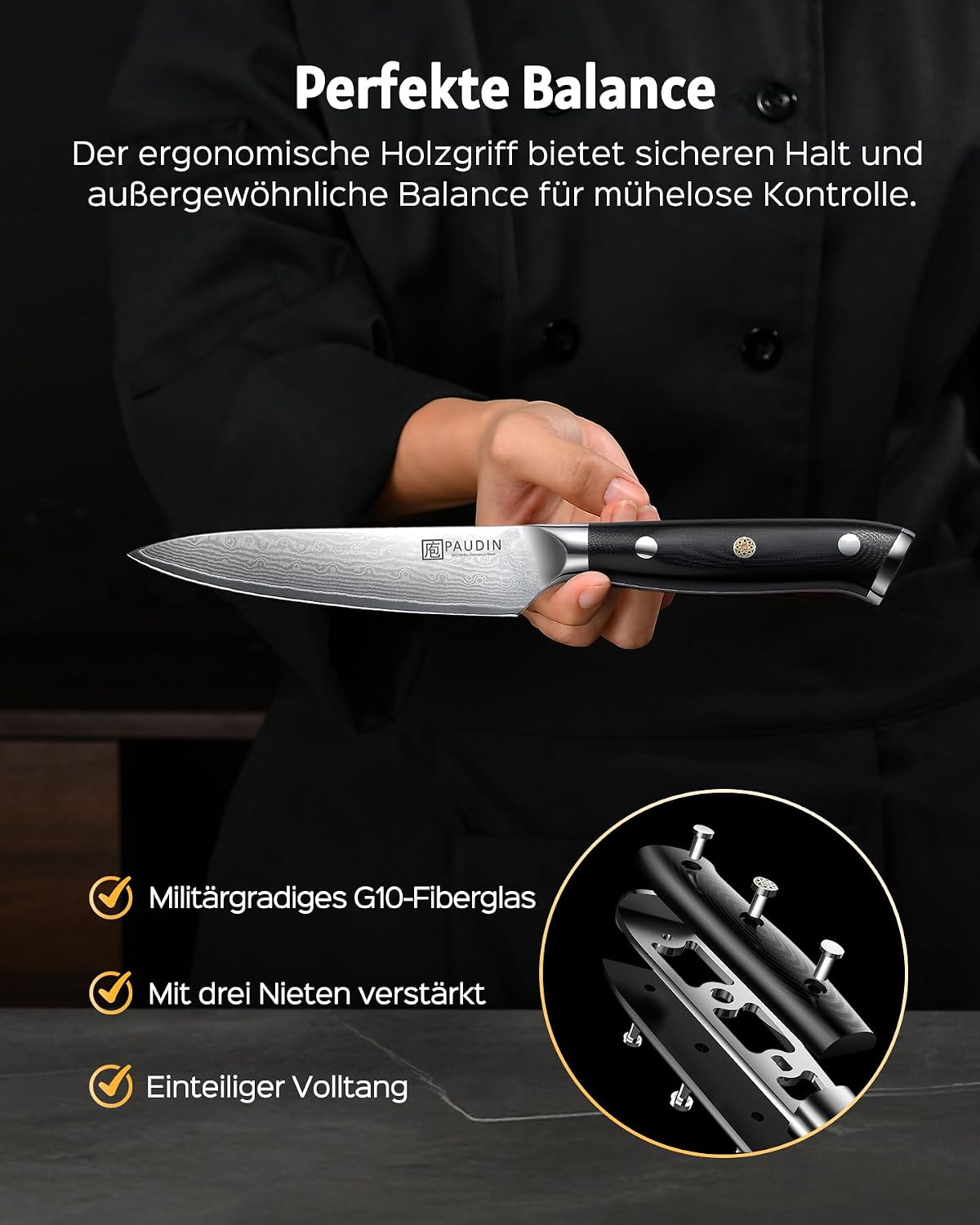 PAUDIN Damascus Utility Knife 10 cm Professional Knife – Bild 3