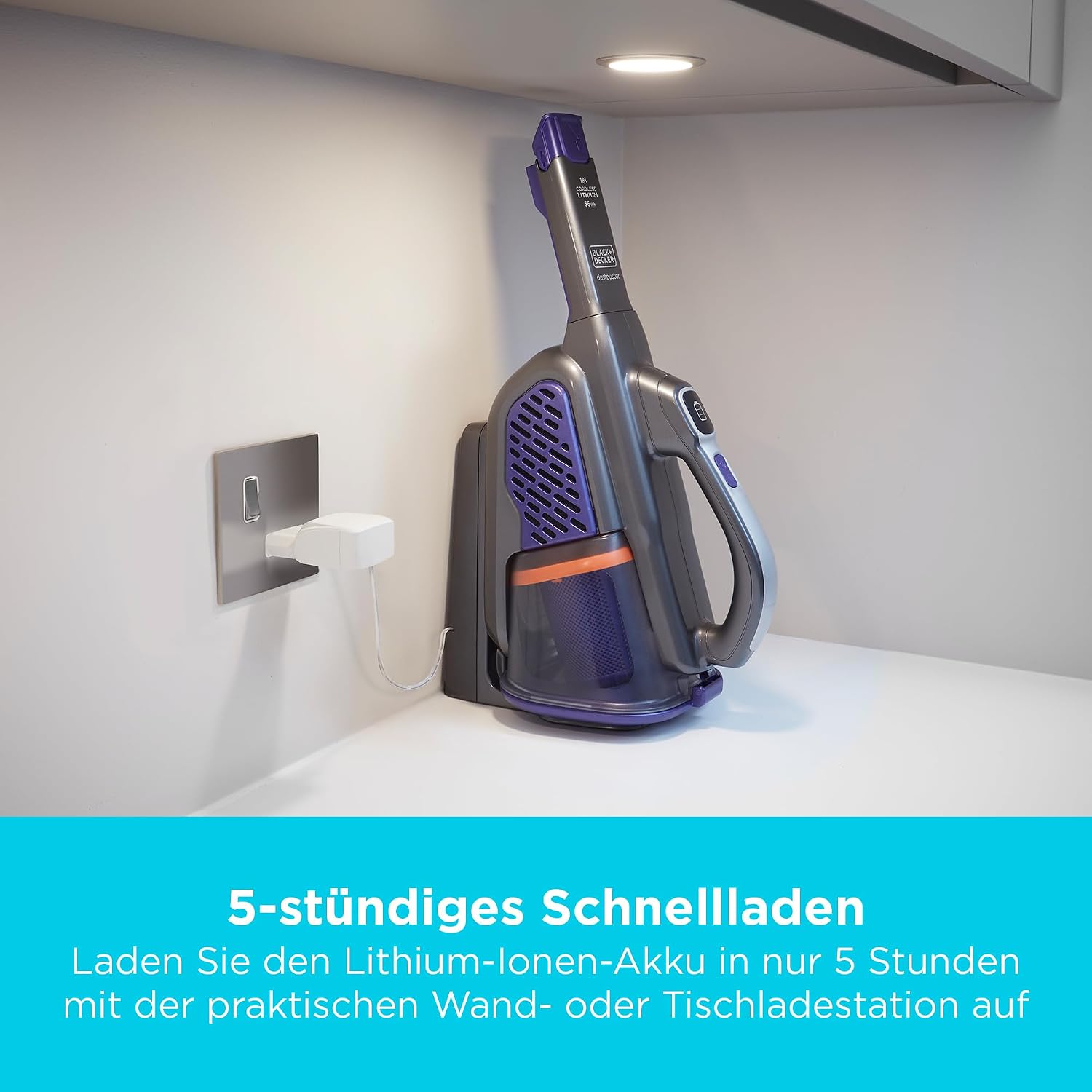 Black+Decker 36 Wh/18 V Cordless Handheld Vacuum Cleaner - Dustbuster Pet with Smart Tech (with Cyclonic Action, Integrated Extendable Crevice Nozzle, including Pet Hair Brush Charging Station with Wall Mount) BHV530BFP – Bild 5