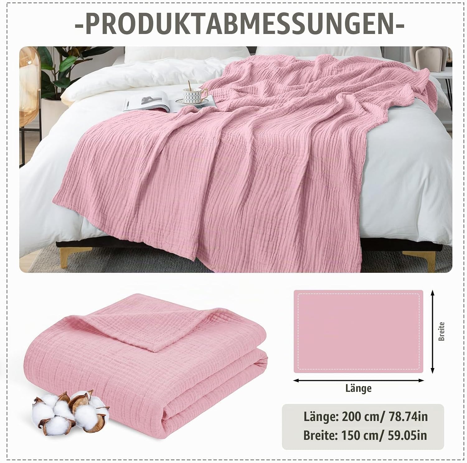Muslin Blanket, 150 x 200 cm, 100% Cotton, 6-Layer Soft Summer Blanket, Breathable Muslin Blanket for Adults, Thin Cuddly Blanket for Bed and Sofa, Bedspread, Couch Throw (Pink) – Bild 2