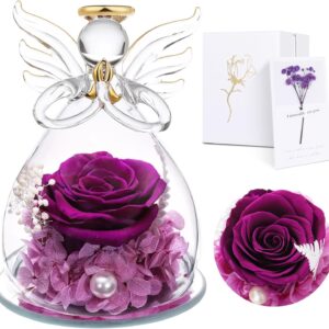 Touloube Eternal Rose Angel Gifts for Mum, Eternal Rose in Angel Glass Dome for Her, Infinity Roses Preserved Flowers Handmade, Glass Angel Figurine, Gift for Women, Mother, Grandma, Grandmother