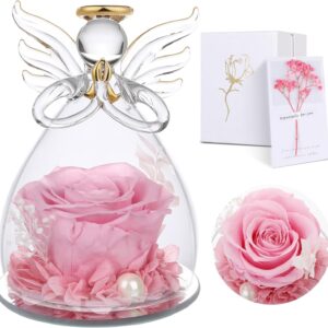Touloube Eternal Rose Angel Gifts for Mum, Eternal Rose in Angel Glass Dome for Her, Infinity Roses Preserved Flowers Handmade, Glass Angel Figurine, Gift for Women, Mother, Grandma, Grandmother