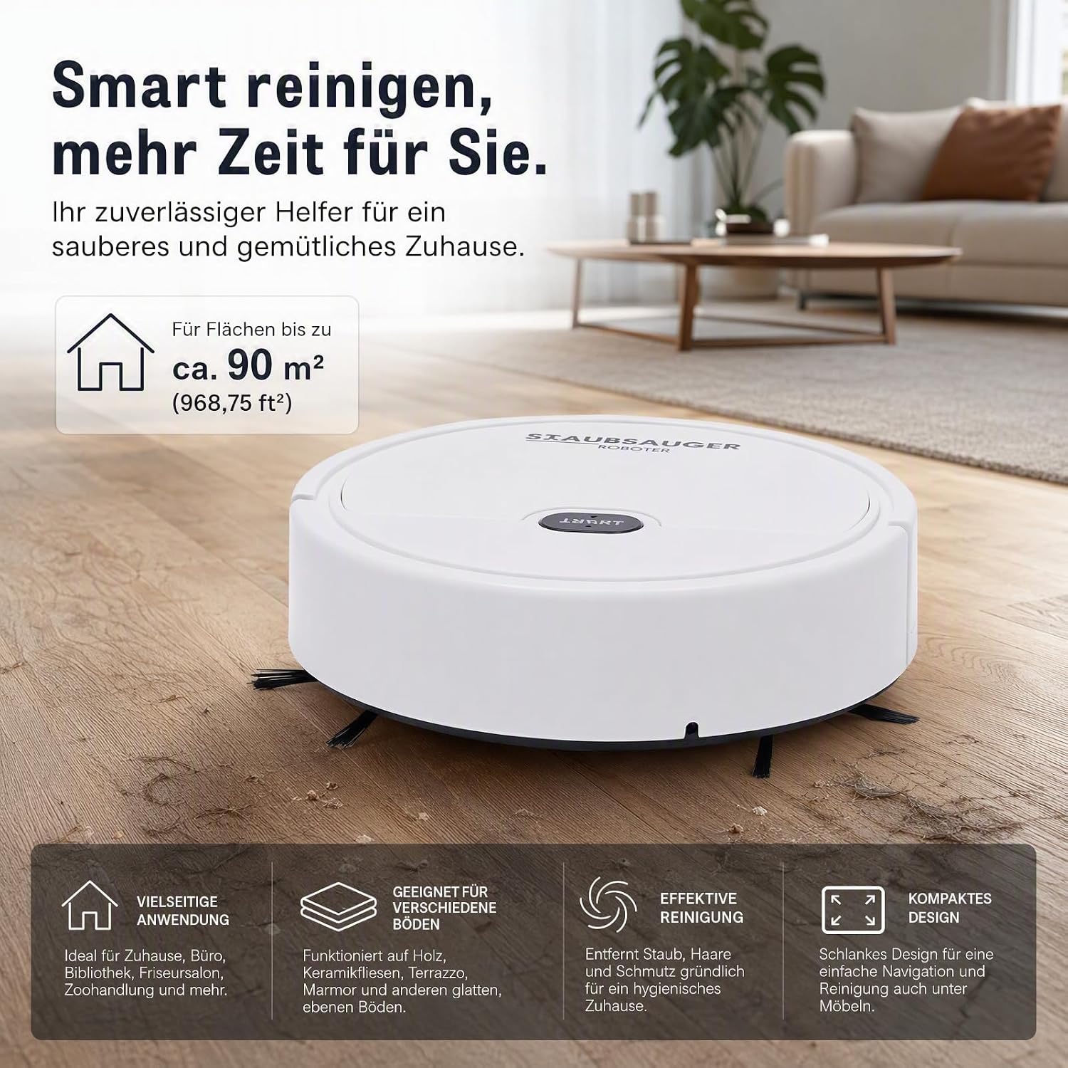 3-in-1 Mop Function Robot Vacuum Cleaner, 500 Pa 30 Min Running Time Plastic White Robot Vacuum Cleaner Robot Mop Robot Sweeper with Suction Station for Hard Floors Wood Marble – Bild 5