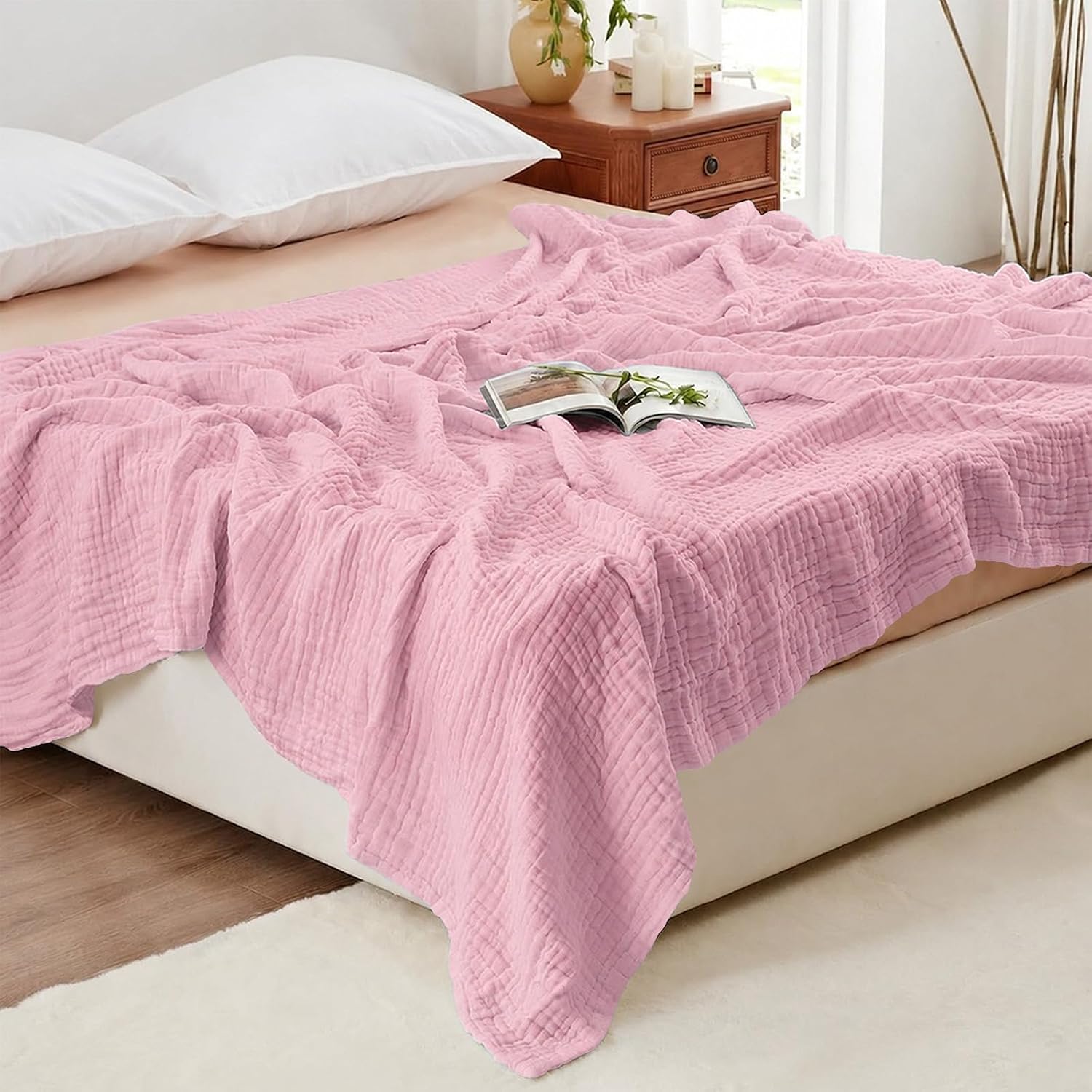 Muslin Blanket, 150 x 200 cm, 100% Cotton, 6-Layer Soft Summer Blanket, Breathable Muslin Blanket for Adults, Thin Cuddly Blanket for Bed and Sofa, Bedspread, Couch Throw (Pink) – Bild 6