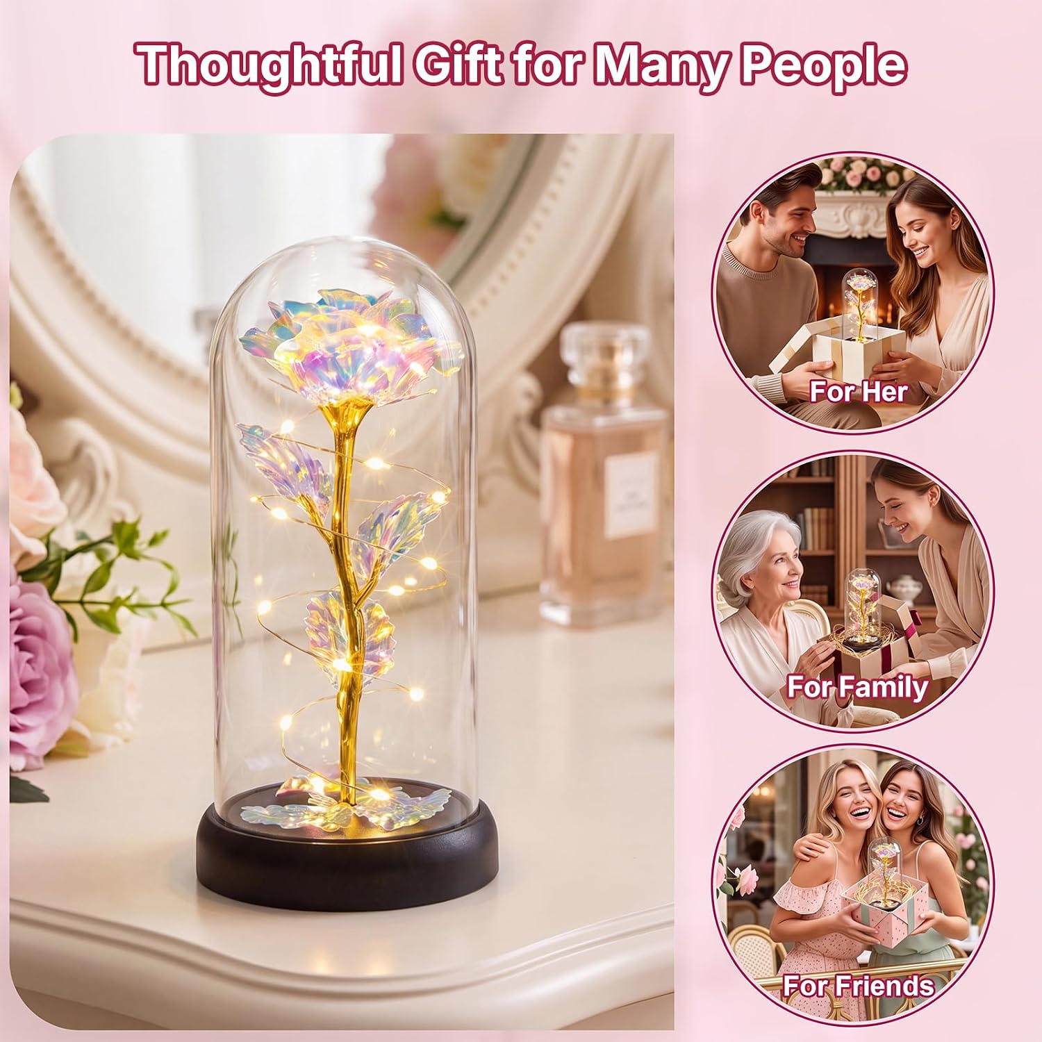 Otlonpe Flower Gifts for Women, Mother's Day Gifts for Mum, Birthday Gift for Women, Mum, Girlfriend, Grandma, Eternal Rose in Glass with LED Light, Mother's Day Gift for Mum Grandma (Rainbow) – Bild 6