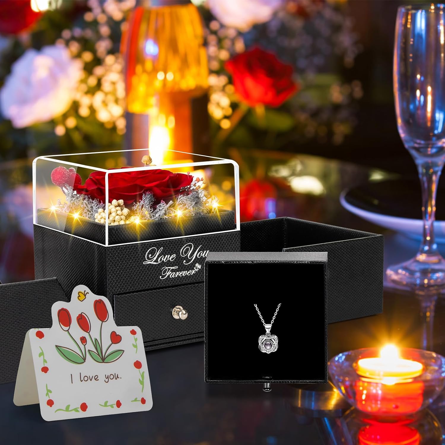 Lebana Eternal Rose with Heart Necklace and LED Lighting Gift Set for Women Mum Girlfriend for Birthday Christmas Valentine's Day Wedding Anniversary Mother's Day Red – Bild 6