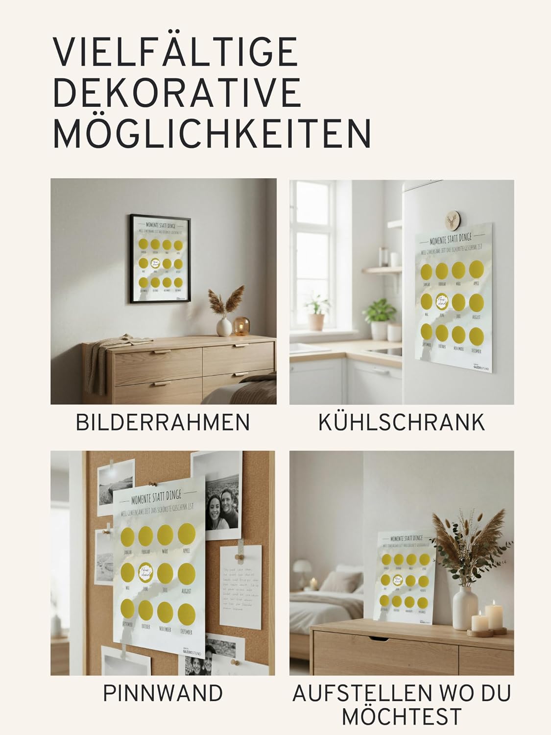 “Momente statt Dinge” Voucher Calendar, A4 with 12 Gold Scratch Stickers, “Time Instead of Stuff” Gift, Date Calendar for Couples & Friends, All Year Round, Personalised, Sage Grey – Bild 6
