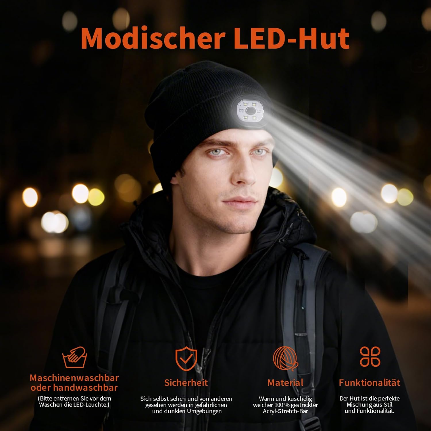 CNMTCCO Hat with Light, LED Beanie with USB Rechargeable LED Lamp, 6 LEDs and 3 Brightness Levels, Warm Winter Hat for Men and Women - Practical Gift – Bild 3