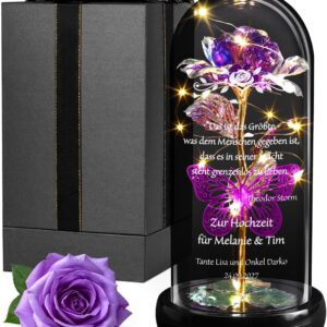 Maverton Purple Eternal Rose with LED Lighting in Glass Dome with Engraved