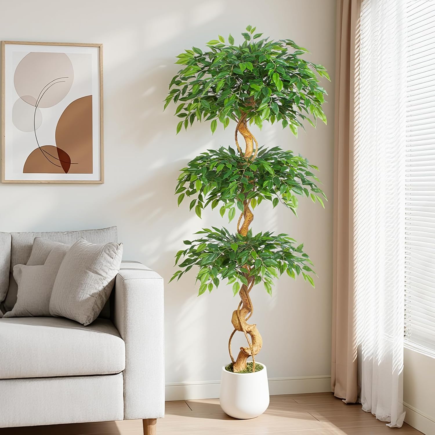 Artificial Plant Ficus Tree 180 cm with White Pot, Artificial Plants Large Like Real with Curved Tree Trunk and 1860 Leaves, Artificial Tree for Indoor Decoration, Living Room, Bedroom – Bild 6