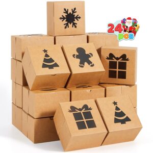 JOYIN 24 Pieces 3 Size Cardboard Bakery Biscuit Boxes: 4" x 4" x 2.5" Car Popup for Christmas Cupcakes, Cookies, Brownies, Donuts, Truffle Gift