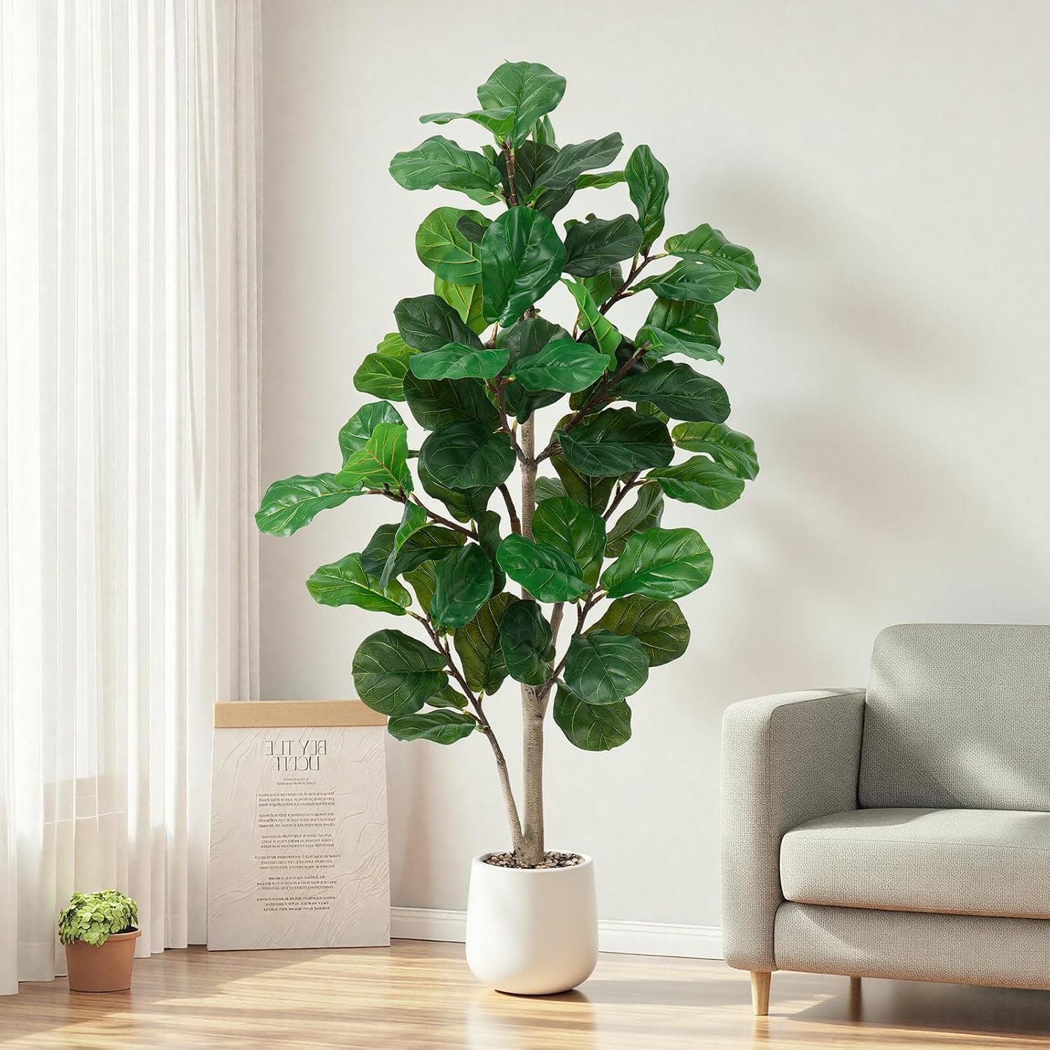 Artificial Plant Fiddle Ficus Tree 150 cm, Artificial Plants Large with White Pot and Decorative Pebbles, Artificial Plants Like Real for Decoration of Offices, Living Rooms and Bedrooms