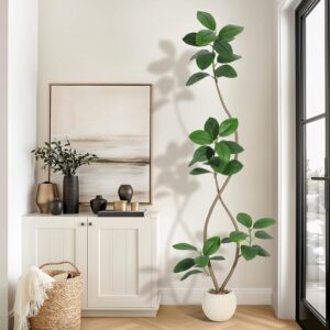 Garvee 210 cm Artificial Plant Rubber Tree with Cream Ball Pot Planter & Stone Fiddle Fig Tree Indoor Artificial Tree Tall Plant Fake Tree Tropical Large Ground Tree