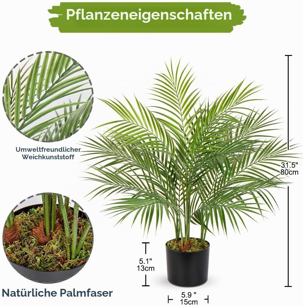 80 cm Artificial Plant Areka Palm Tree Artificial Plant Palm Tree in Pot Artificial Tree with 12 Trunks for Indoor and Outdoor Use Modern Decoration Bathroom Living Room Bedroom Balcony – Bild 2